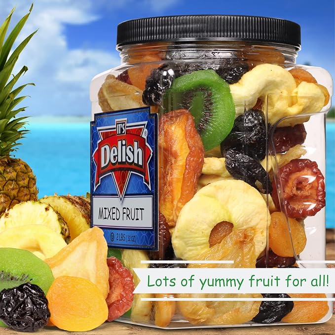 Dried Mixed Fruit with Prunes by It's Delish 2 lbs (32 Oz) Jumbo Container | Snack Mix of Prunes Apricots Plums Apple Rings Nectarines Peaches Pears Kiwi Slices | Dry Fruits - Vegan Kosher Hea