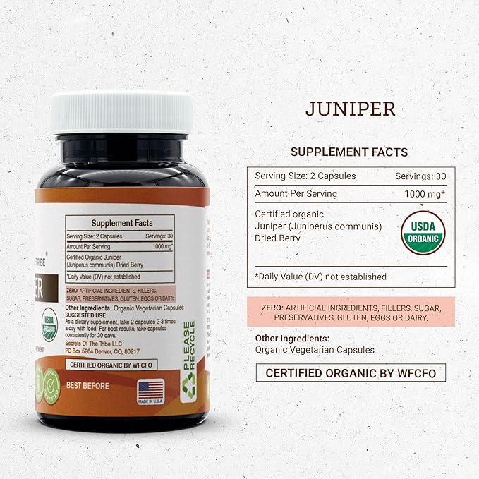 Secrets of the Tribe Juniper USDA Organic 60 Capsules | Made with Vegetarian Capsules and Certified Organic Juniper (Juniperus communis) Dried Berry (60 Capsules)