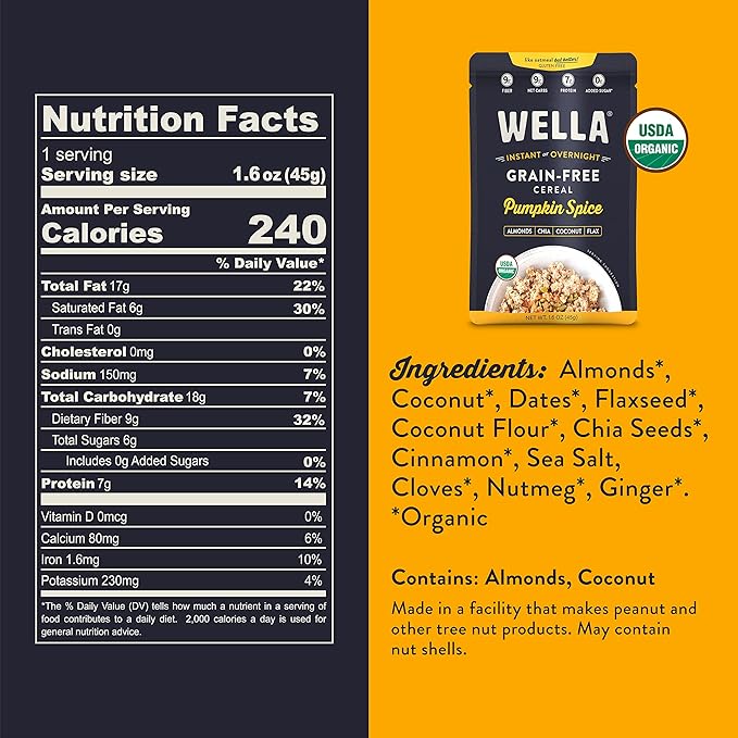 Wella Cereal Oatmeal Alternative Gluten-Free Breakfast Hot Cereal Grain-Free Paleo Organic Vegan High Protein Superfood Plant-Based Non-GMO Low in Net Carbs Single-Serve Packets Pumpkin Spice Fl