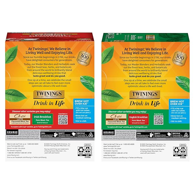 Twinings English Breakfast Black Tea K-Cups for Keurig 24 Count (Pack of 1) + Irish Breakfast Black Tea K-Cups for Keurig 24 Count (Pack of 1)