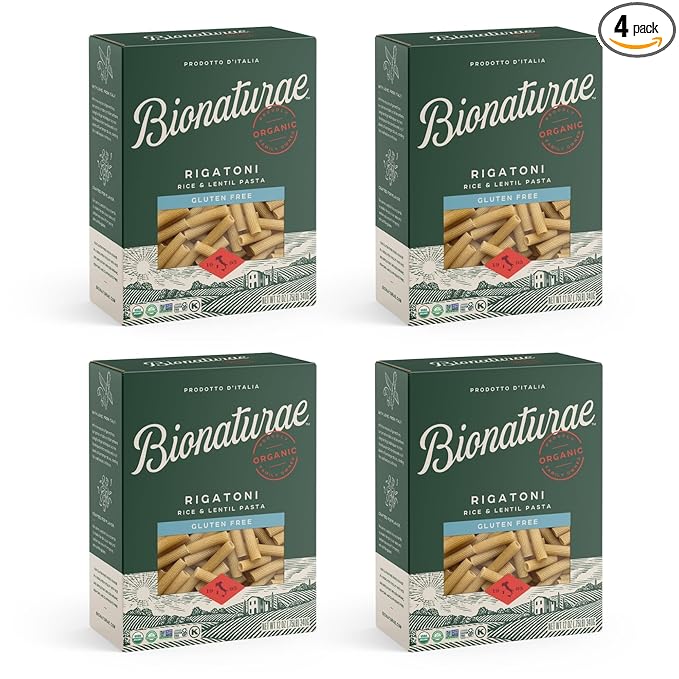 Bionaturae Rigatoni Pasta Noodles - Gluten Free Rigatoni Pasta Organic Rice &amp Lentil Pasta Kosher High Protein Non-GMO Gluten Free Pasta Organic Crafted in Italy - 12 Oz 4 Pack