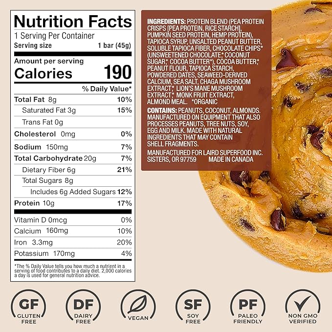 Laird Superfood Functional Protein Bars – Protein Bar but Better with Real Ingredients Functional Mushrooms 10g Plant-Based Protein 6g Fiber - Non-GMO - Peanut Butter Chocolate Chip 10 Count (Pack