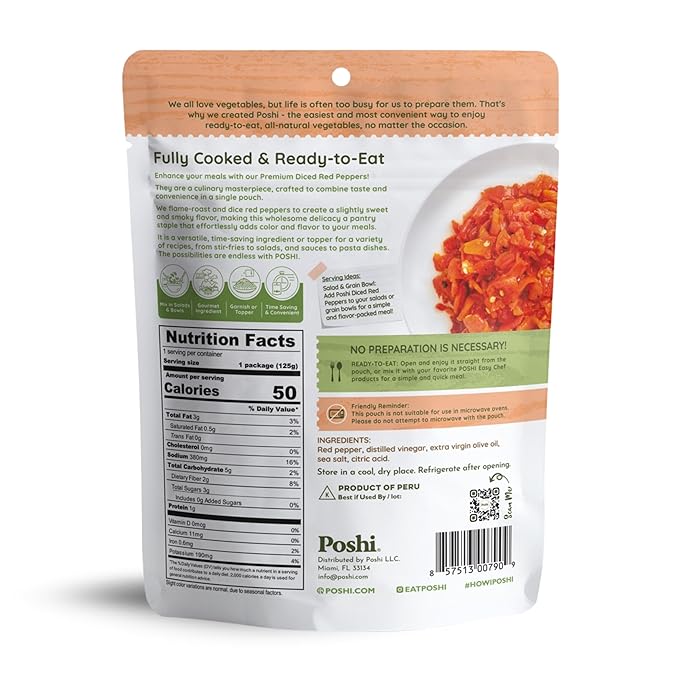 POSHI Diced Red Peppers - Flame-Roasted and Marinated with Extra Virgin Olive Oil - Liquid-Free Ready-to-Use Ingredient No Artificial Preservatives - Gluten-Free Keto Vegan Non-GMO 6 pack 4.4oz