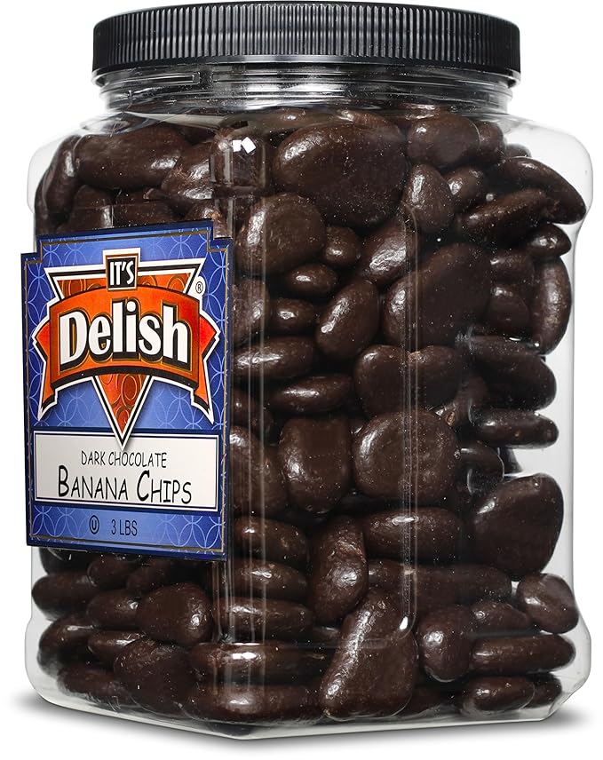 Dark Chocolate Covered Banana Chips by Its Delish 3 Lbs Jumbo Container | Gourmet Dark Chocolate Banana Chips Healthy Snacks Chocolate Fruit USA Made Vegan Kosher