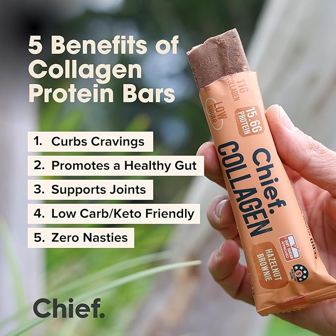 Chief Collagen Protein Bar Hazelnut Brownie 100% Natural Ingredients Keto &amp Paleo Friendly Snack Gluten Free &amp Low Sugar 12 Pack