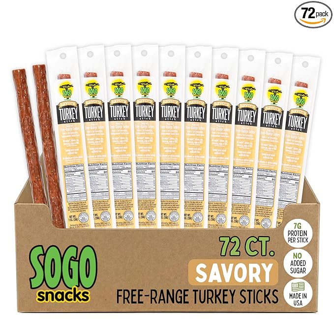 Savory Turkey Sogo Snacks No Sugar Low Carb Free-Range from a 3rd Generation Independent Family Farm. Gluten Free Hiking Snacks. Keto Whole Paleo Friendly (Savory Turkey 72 Count)