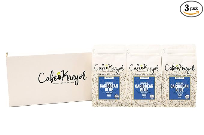 Cafe Kreyol Organic Caribbean Blue | 3 Pack 12 oz - Haitian Blue Light Roast Coffee - Whole Bean Coffee High Caffeine - Smooth Low Acid with Notes of Almond and Walnut