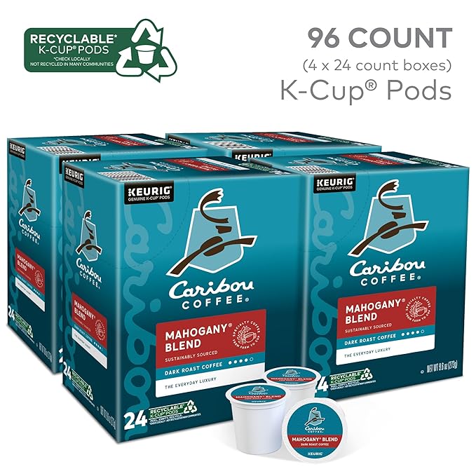 Caribou Coffee Mahogany Keurig Single-Serve K-Cup Pods Dark Roast Coffee 96 Count (Pack of 4)