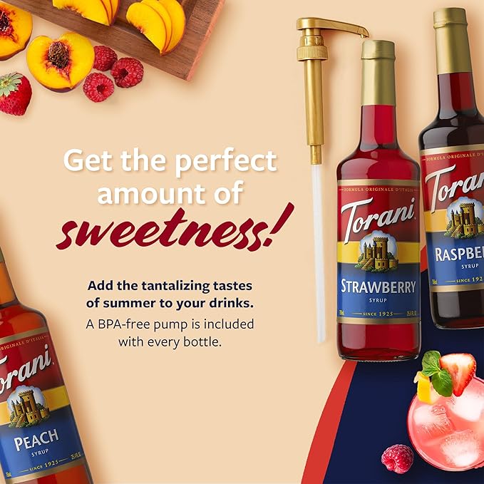 Torani Strawberry Peach and Raspberry Syrup for Drinks Variety 3-Pack Flavoring for Iced Tea Lemonade and Sodas Pumps Included 25.4 Oz Ea