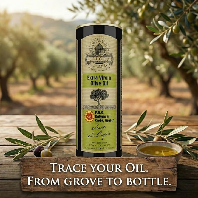Ellora Farms Certified Extra Virgin Olive Oil Single Estate PDO Crete Traceable Greek EVOO Greece High in Phenols Kosher 16.9 Fl Oz Tin