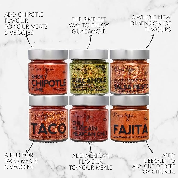 A Spice Affair's Mexican Fiesta 6-Pack Spice Set — Mexican Fajita Meat Taco Bell Seasonings Mix and Spices Sets — Mexican Taco Fajita Seasoning Mix