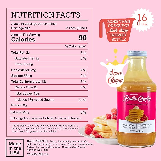 Butter Country Rich and Creamy Buttermilk Syrup | White Raspberry Flavor | Unique Gourmet Syrup for Pancakes Waffles &amp More | 16 fl oz/2 Pack