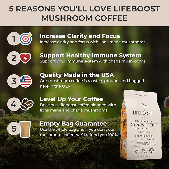 Lifeboost French Vanilla Cognition Mushroom Coffee - Low Acid Medium Organic Coffee with Nootropic Lions Mane &amp Chaga Mushrooms - Increase Energy Boost Focus &amp Immune Support - 12 oz Bag - Gr