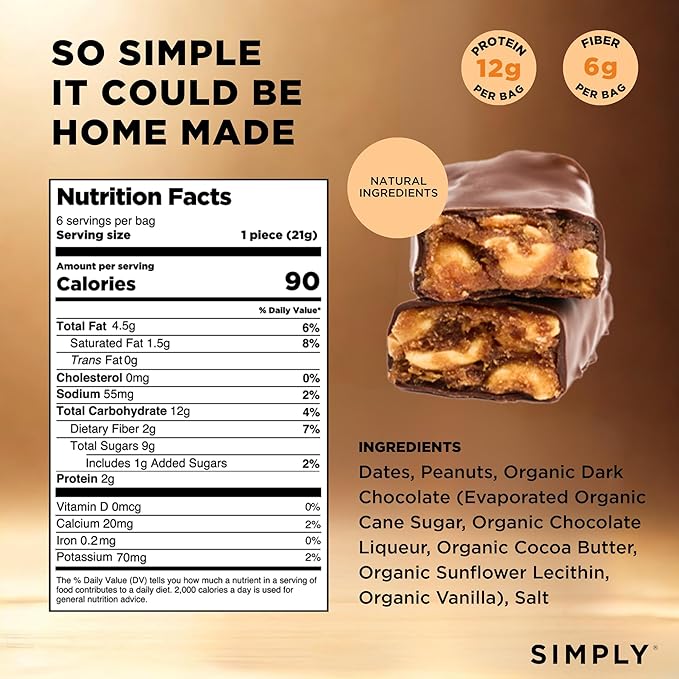 Simply Candy Bars | Chocolate Date Bar | Salted Peanut | Vegan + Non-GMO (4.5 oz (Pack of 3))