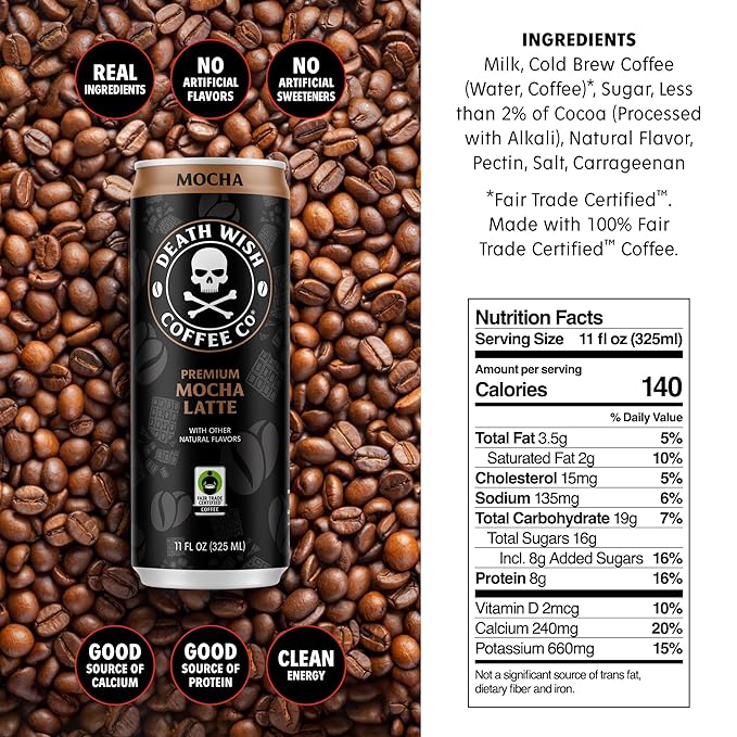 Death Wish Coffee Iced Coffee Cold Brew 8g Protein Fair Trade (Mocha Latte)