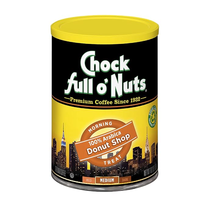 Chock Full o' Nuts Donut Shop Ground Coffee – Premium Beans in Recyclable Steel Can – Rich Flavor &amp Aroma Medium Roast – Perfect for Drip Pour-Over Percolator – 10.2 Oz Can