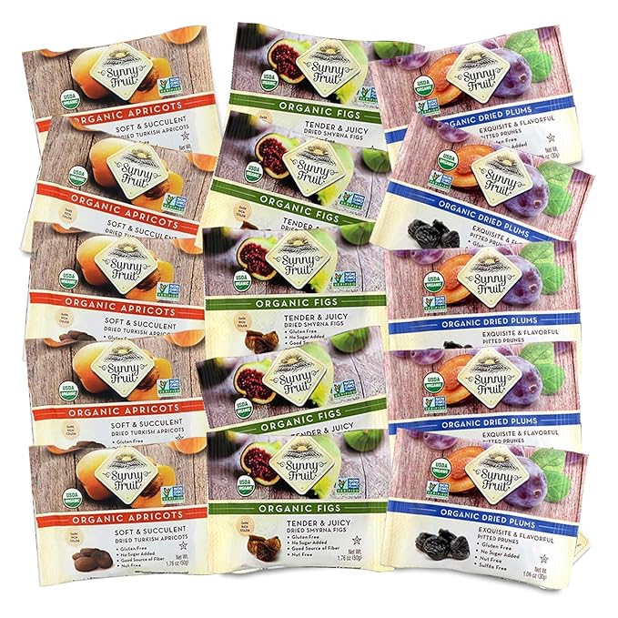 Sunny Fruit Organic Dried Fruit Assortment - Prunes Figs &amp Apricots Variety 3 Bags (15 Individual Portion Packs) | No Preservatives No Sugar Added | ORGANIC NON-GMO VEGAN HALAL KOSHER