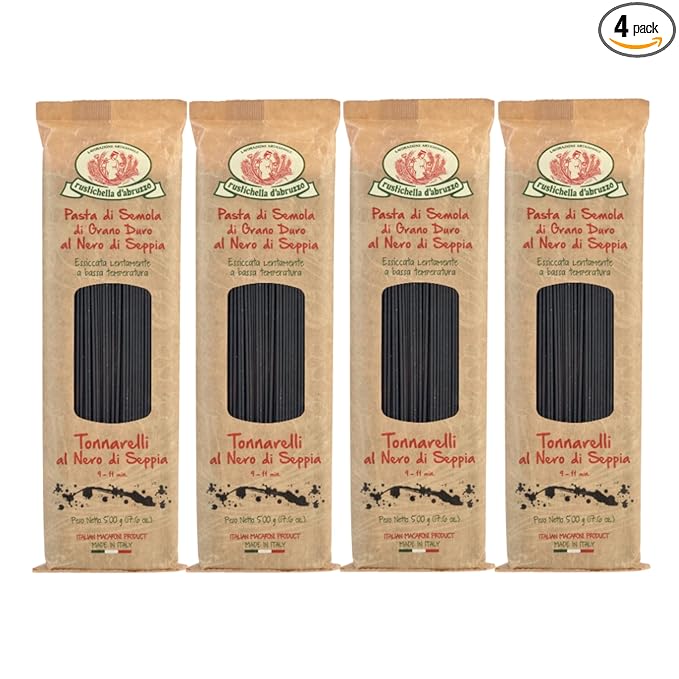 Rustichella d'Abruzzo Tonnarelli with Squid Ink Long Italian Pasta with Cuttlefish Ideal for Shellfish Spicy Fish Sauce &amp Olive Oil Dishes Authentic Flavored from Abruzzo Italy 500g 4-Pack