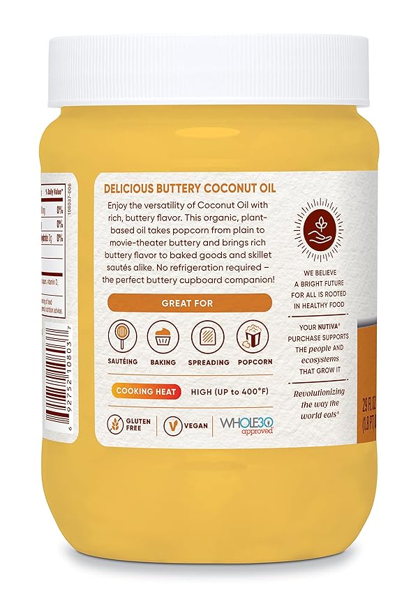 Nutiva Coconut Oil for Cooking and Baking - Butter Flavor Perfect for Making Movie Theater Popcorn Baked Goods Bread - Non-Dairy Alternative for Keto Vegan and Paleo Diets - 29floz