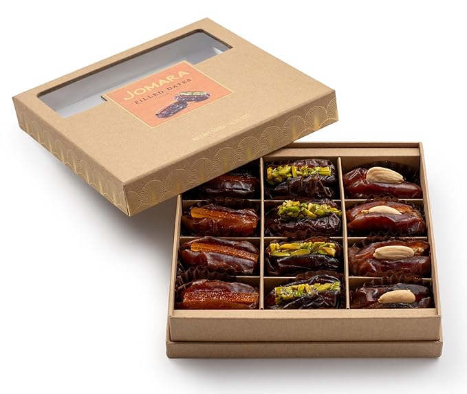 Jomara Filled Dates Assorted Gifting KraftBox S 7.8oz / 220g | 3 Flavors: Pistachio Roasted Almond Orange Peel