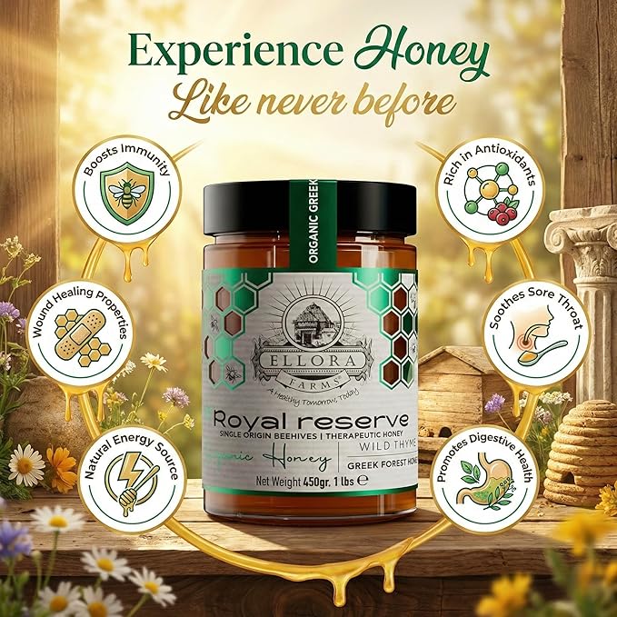 Ellora Farms Greek Honey Bundle – Pine &amp Thyme Raw Honey (450g) + Organic Thyme &amp Orange Blossom Raw Honey (2x1lb) – Single Estate Unfiltered Cold-Pressed Includes Wooden Dippers