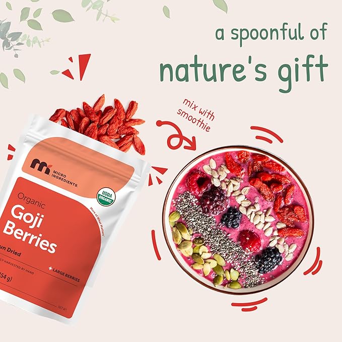 Micro Ingredients Organic Goji Berries 1lb (16oz) | Large Whole Sun-Dried Berries | Raw Superfood Wolfberries | Natural Flavor for Trail Mix Juice &amp Tea | Sulfate Free Vegan Friendly Non-GMO