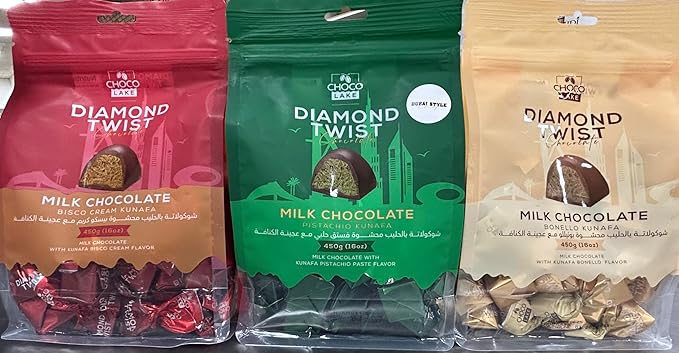 Diamond Twist Dubai Style Kunafa Chocolate – Pack of 3 | Assorted Milk Chocolate Kunafa Flavors | Pistachio Bisco Cream &amp Bonello Kunafa | Premium Middle Eastern Sweets | 450g Each