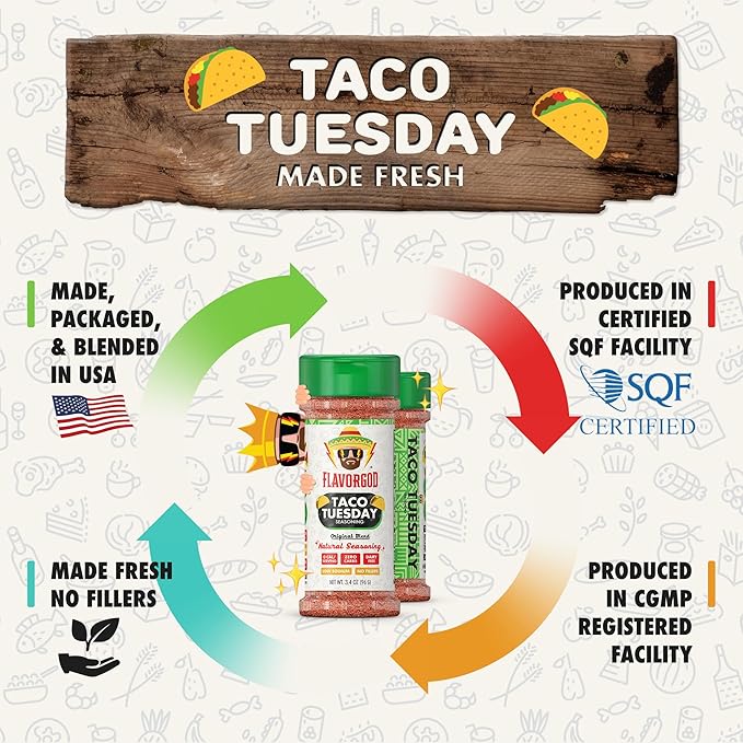 Flavor God 2 Bottles Taco Tuesday Seasoning Mix Natural Healthy Spice Blend For Grilling Chicken Beef Seafood Vegetables Salad Tacos Pizza Kosher Gluten &amp Dairy Free Vegan Keto Friendly
