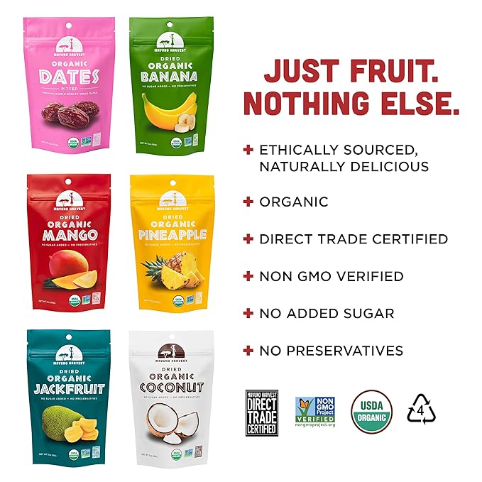 Mavuno Harvest Organic Dried Fruit Variety Pack | Dried Mango Dates Pineapple Banana Jackfruit &amp Coconut | Healthy Vegan No Sugar Added Non GMO Snacks for Kids &amp Adults | 2 Ounce 6 Pa