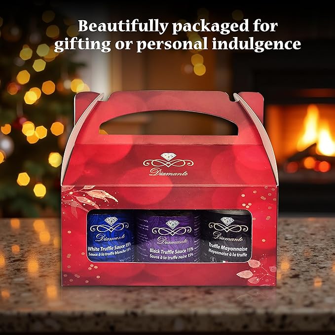 Diamante Italy Truffle Sauce Gift Box Set (3 jars x 90g) Including: 1pc of 15% White Truffle Sauce 90g 1pc of Truffle Mayonnaise 90g 100% Made in Italy