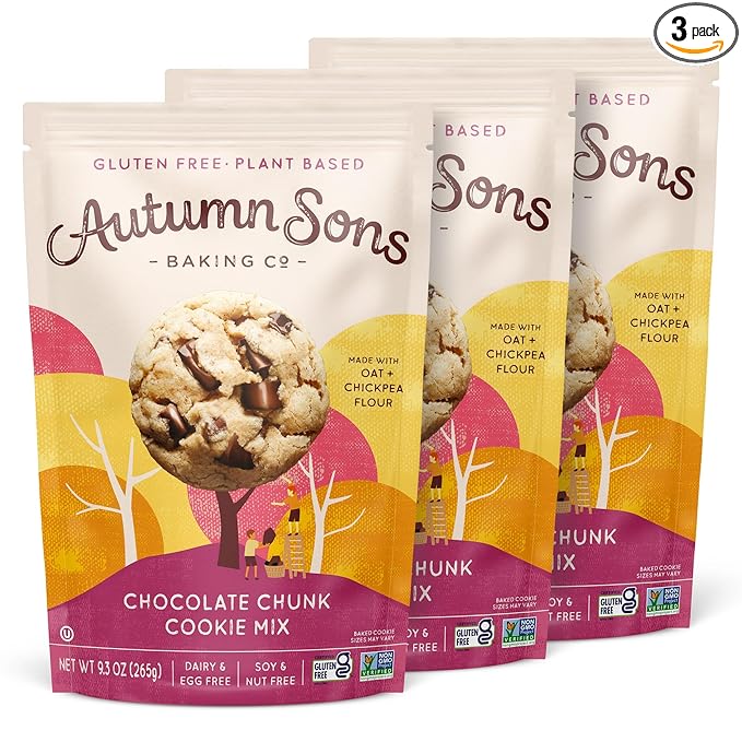Autumn Sons Baking Co. Gluten Free Chocolate Chunk Cookie Mix. Vegan Plant Based Baking Mix. Top 9 Allergen Free. Dairy Free Nut Free Soy Free Non GMO 9.3 oz (Pack of 3)