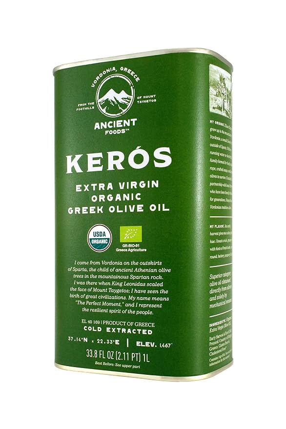 Ancient Foods Keros Organic Extra Virgin Olive Oil Cold Pressed – Greek EVOO High Polyphenol Olive Oil from 1000 Year Old Trees from Greece – Ideal for Cooking Salads &amp Gourmet Dishes – 33.8oz (