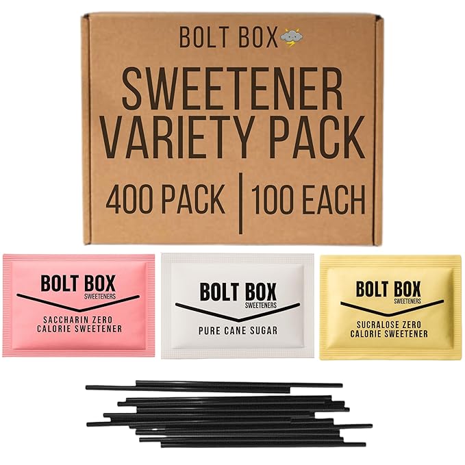 (400 total 100 each) Bolt Box Sugar &amp Sugar Substitute Packets Assorted Variety Pack (Cane Pink Saccharin Yellow Sucralose Stir Straws)