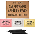 (400 total 100 each) Bolt Box Sugar &amp Sugar Substitute Packets Assorted Variety Pack (Cane Pink Saccharin Yellow Sucralose Stir Straws)