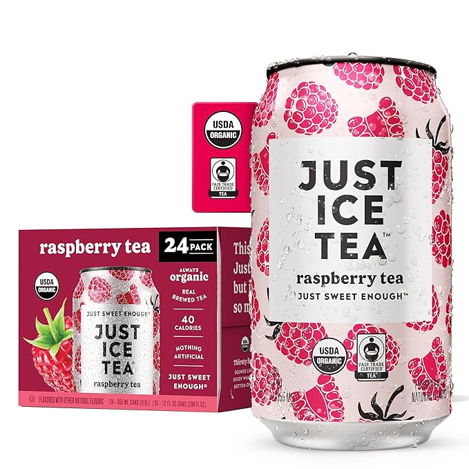 Just Ice Tea Raspberry Flavored Black Iced Tea 24-Pack (12oz Cans) USDA Certified Organic Low Calorie No Artificial Sweeteners Fair Trade Made in USA.