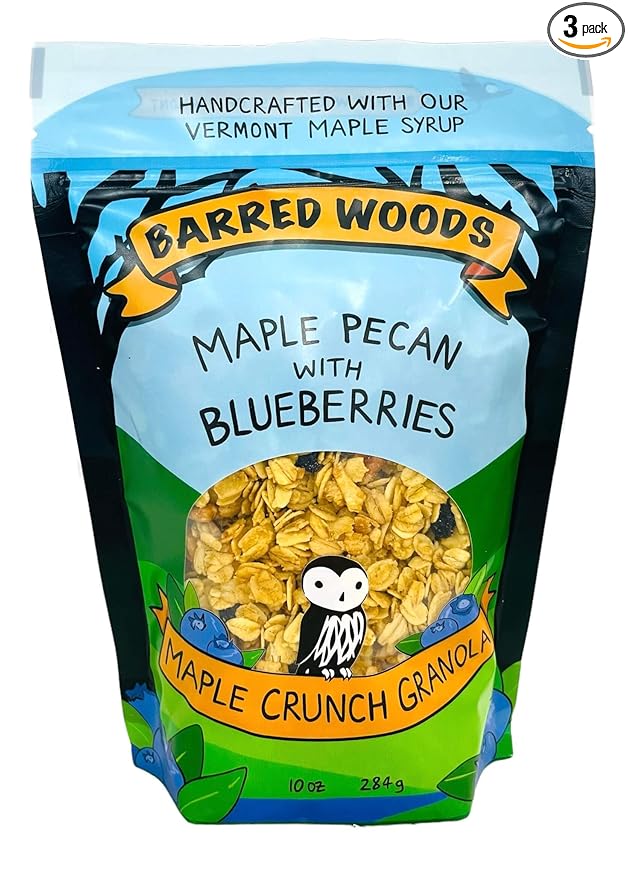 Barred Woods Maple Crunch Granola - Maple Pecan with Blueberries - Sweetened With Only Our Own Vermont Organic Maple Syrup and Maple Sugar - 10oz Bag (Case of 3 Bags)