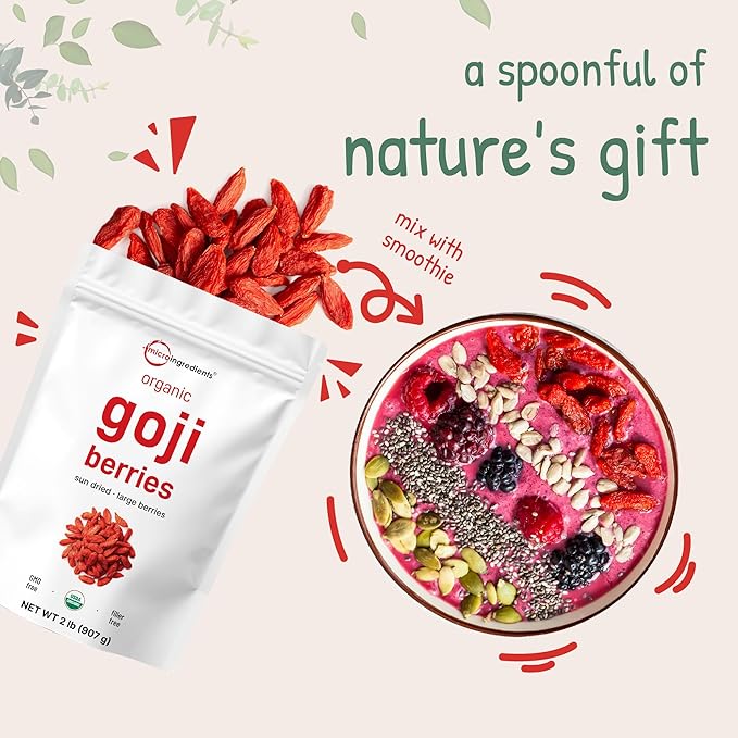 Micro Ingredients Organic Goji Berries 2lbs (32oz) | Large Whole Sun-Dried Berries | Raw Superfood Wolfberries | Natural Flavor for Trail Mix Juice &amp Tea | Sulfate Free Vegan Friendly Non-GMO