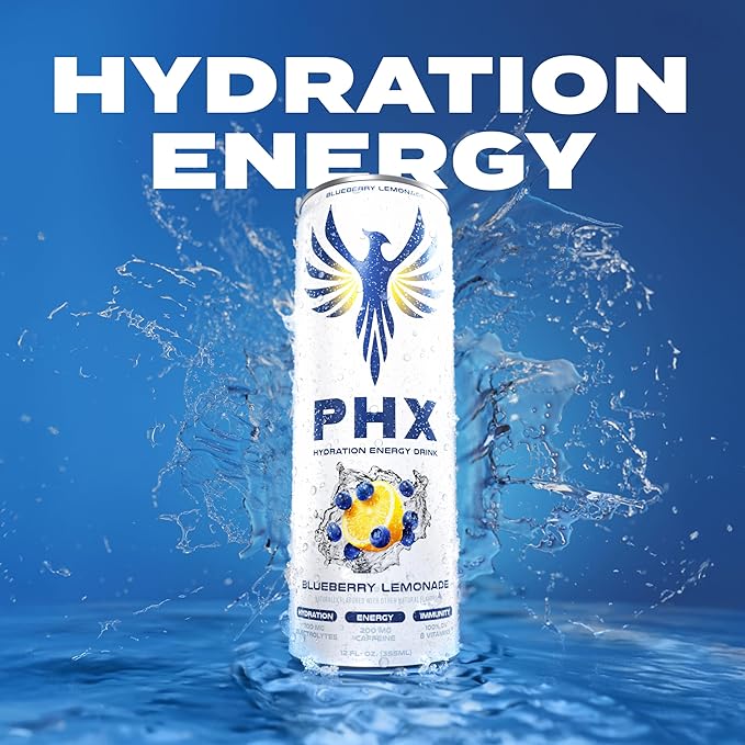 PHX Hydration Energy Drink - 700mg Electrolytes 200mg Natural Green Tea Caffeine 100% Daily Value 8 Essential Vitamins - 12 oz Cans (12 Pack) (12 Pack Blueberry Lemonade)
