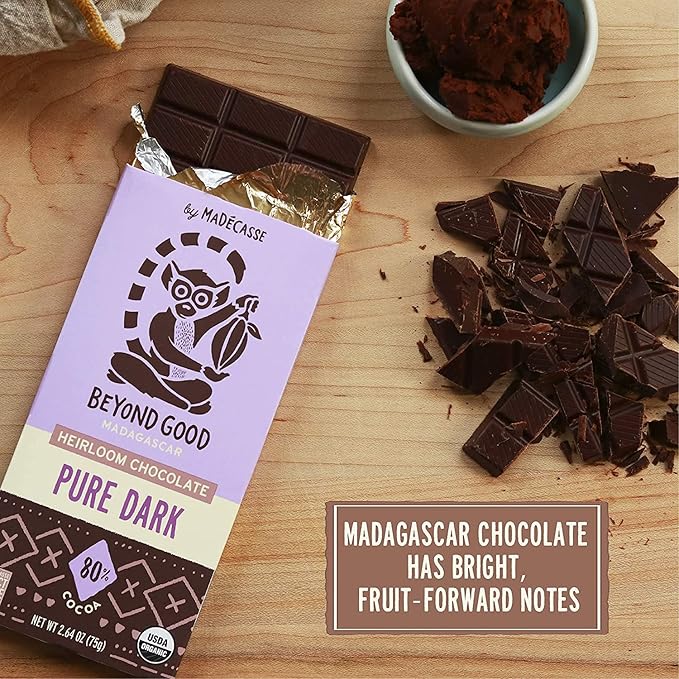 Beyond Good 80% Cocoa Pure Dark Chocolate | 12 Pack - Chocolate Bars | Organic Direct Trade Vegan Kosher Non-GMO | Single Origin Heirloom Madagascar Dark Chocolate