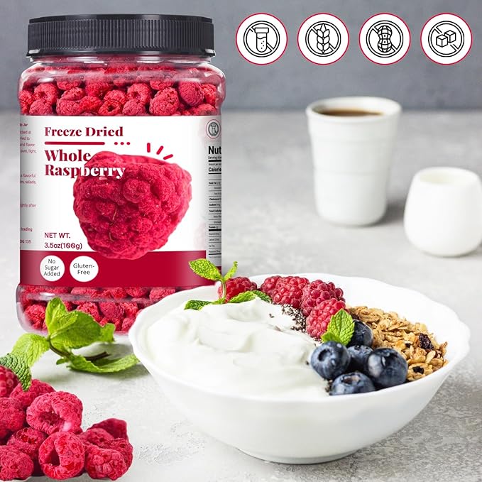 Freeze Dried Whole Raspberries 3.53oz (100g) – 100% Natural No Sugar Added | Crunchy Whole Berry Snack for Baking Yogurt &amp Smoothies | Large Resealable Jar