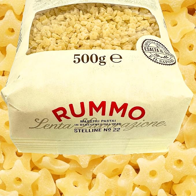 Rummo Stelline Pasta Stars from Italy 1.1 lb. (500g)(Pack of 2) Pastina Pasta Stars - Stellini - Similar to Ditalini Anellini Anelletti - Tubetti Rings - Soup - Tiny Star - Bronze Cut - Slow Dried