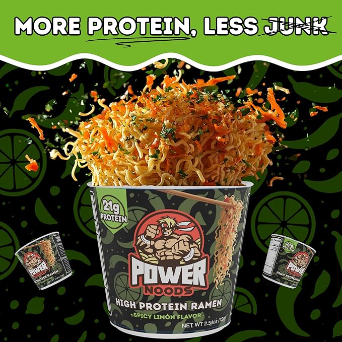 Power Noods High Protein Ramen Noodles - 12 or 6 Pack | Protein Ramen Cups for Lunch or Dinner | Better for You Plant-Based Instant Meal | Spicy Limon