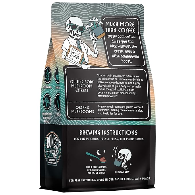 Bones Coffee Company Better Brain Mushroom Coffee Medium Roast &amp Dark Roast – Functional Coffee with Lion’s Mane &amp Chaga | Focus Energy &amp Clarity | Ground Coffee 2-Pack Virtual Bundle