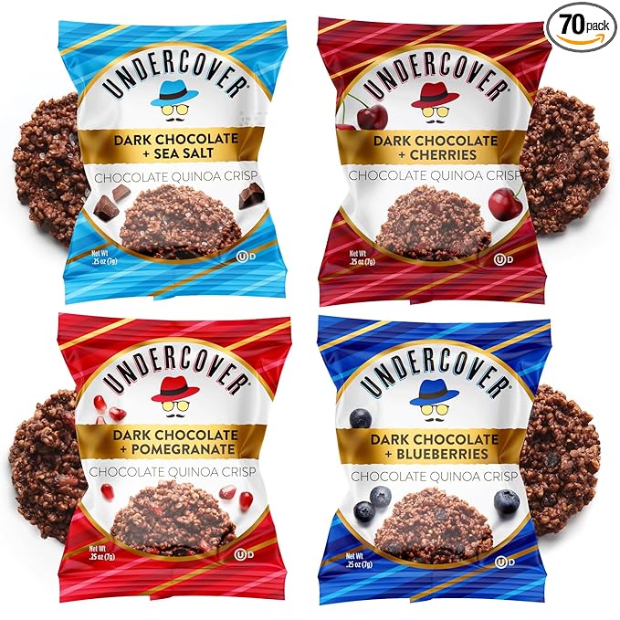 Undercover Snacks Chocolate Quinoa Crisps - Dark Chocolate Variety Pack | 70-Count Individually Wrapped Crisps | Gluten Free Nut-Free Allergen Friendly Kosher Plant-Based NOT AIRLINE SIZE