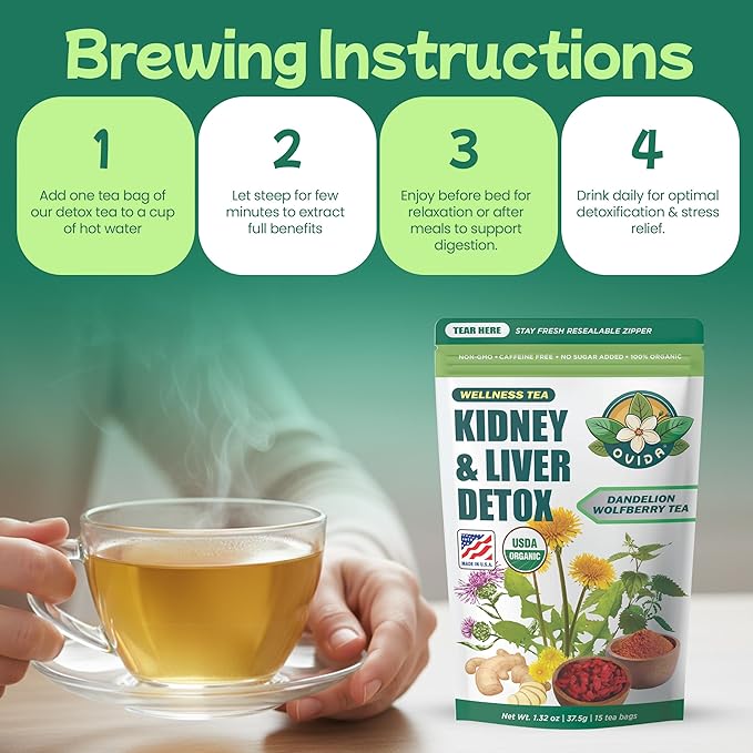 Ovida Dandelion Wolfberry Tea – Natural Kidneys &amp Liver Health Tea Organic Herbal Tea with Milk Thistle Turmeric &amp Goji Berry Seven Herbal Ingredients Natural Blend for Daily Wellness 15 T
