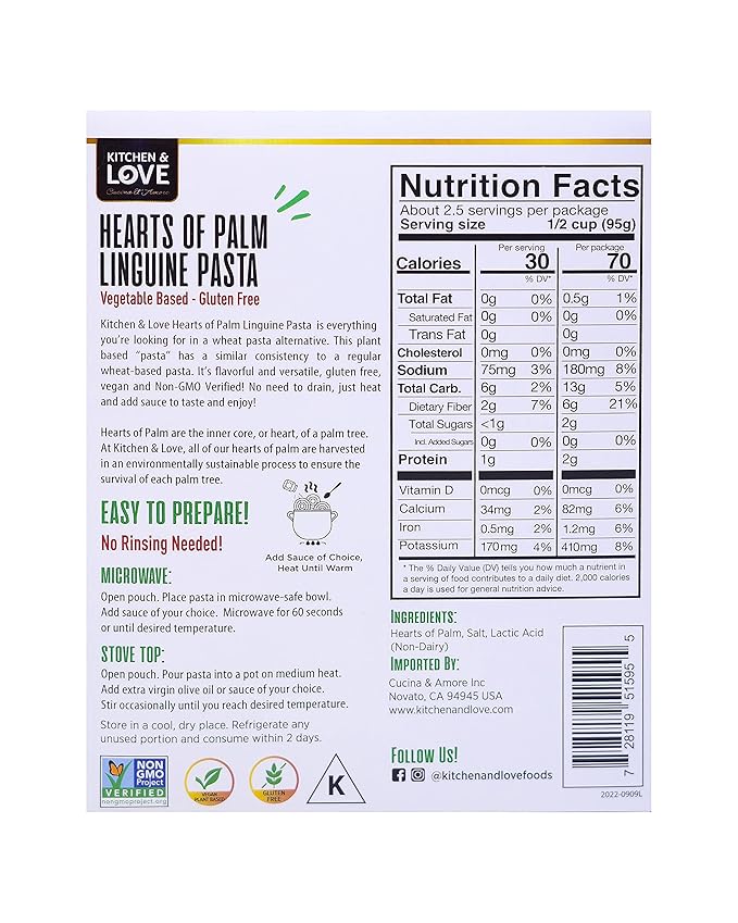 Kitchen &amp Love Hearts of Palm Linguine Low Carb Low Calories Plant Based Non GMO Gluten Free Pasta Alternative Vegan Easy to Prepare Quick Meal 8 Oz (Pack of 3)