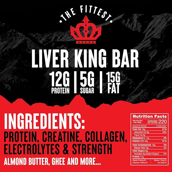 THE FITTEST Chocolate Chip Liver King Bar – High Protein Snack Bar with Beef Liver Collagen Creatine Electrolytes &amp Himalayan Salt – Animal-Based Protein Bar for Gym Paleo &amp Carnivore Fuel