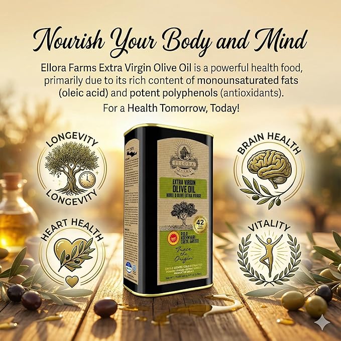 Ellora Farms Greek Extra Virgin Olive oil Certified Single Estate PDO Traceable olive oil Harvested in Crete Kosher ek 1 Lt. X 3 Tins total 101.4 FL oz.