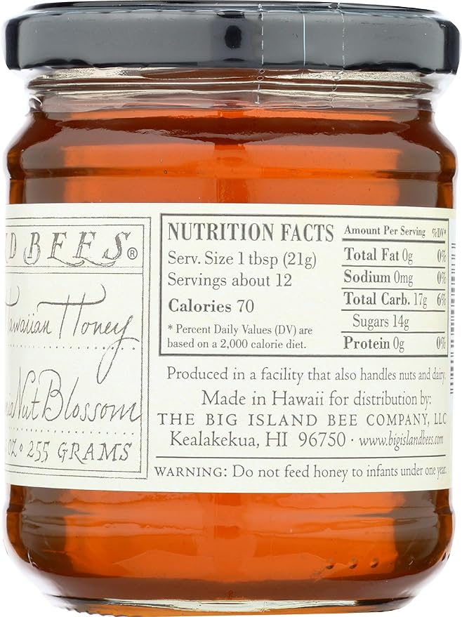 Unheated Pure Raw Macadamia Nut Blossom Hawaiian Honey Single Floral Variety by Big Island Bees (9 oz Glass Jar)