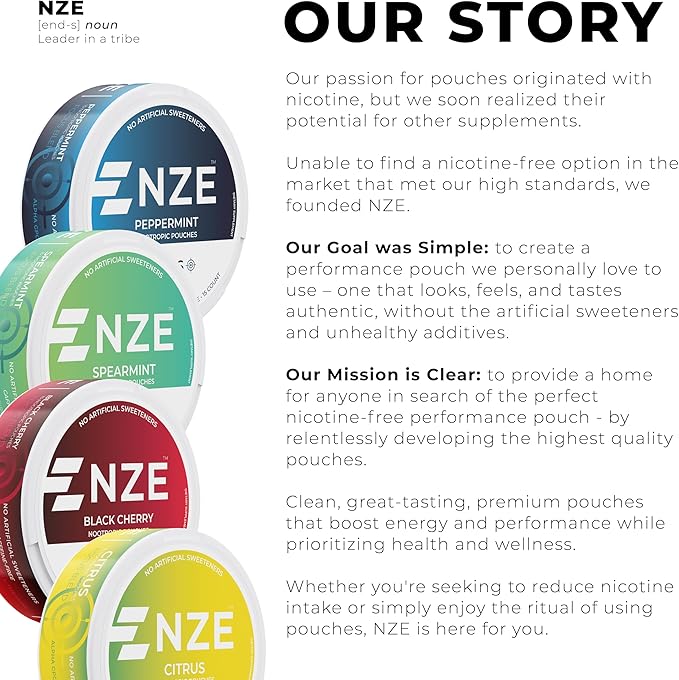 NZE Caffeine Free Nootropic Pouches (Peppermint) - Nootropic Pouches with Alpha GPC L-Tyrosine &amp L-Theanine - No Sugar or Artificial Sweeteners - 15 Nicotine Free Pouches Per Can - 5 Pack
